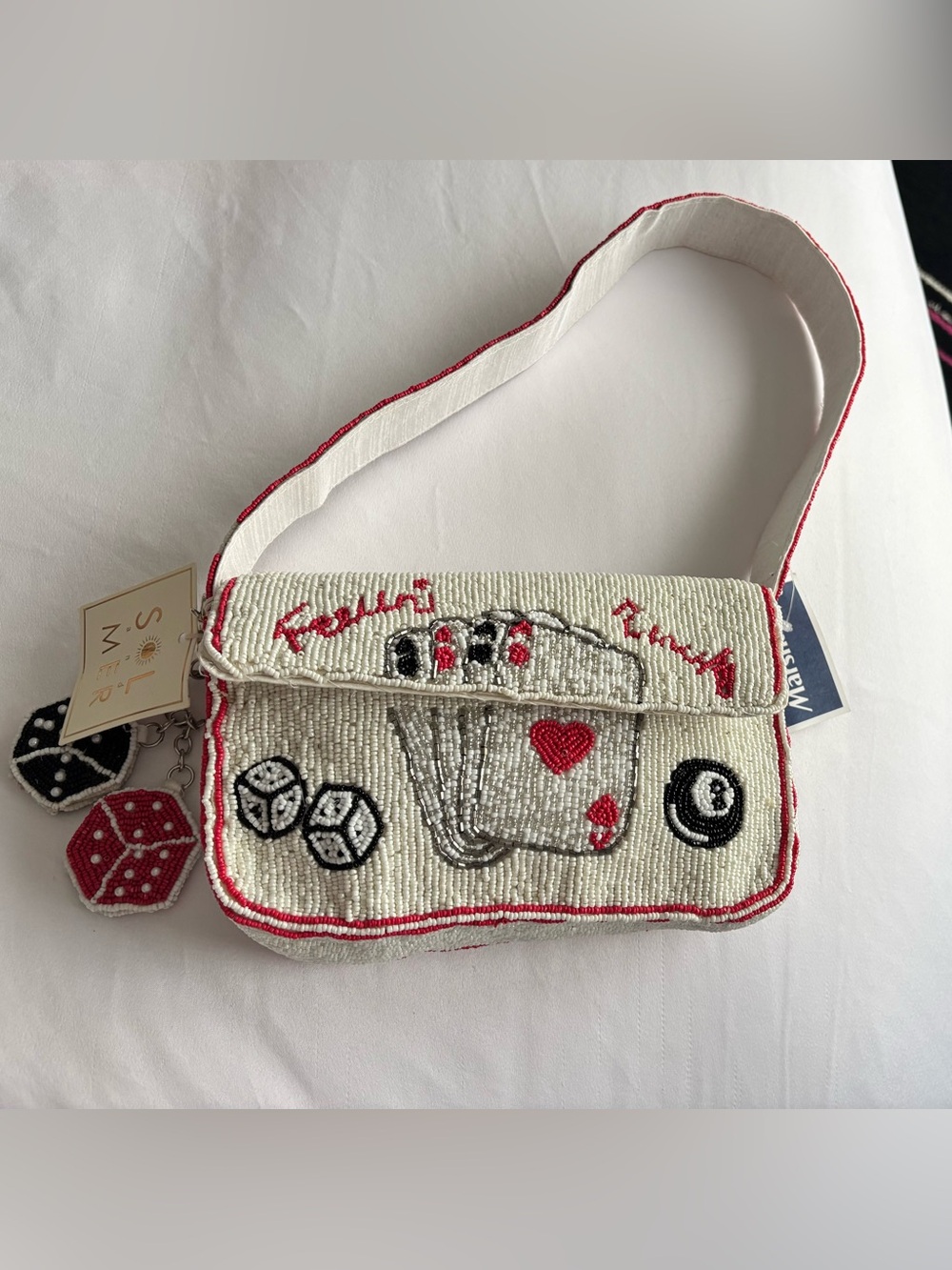 Beaded White & Red Casino Motif Crossbody Bag